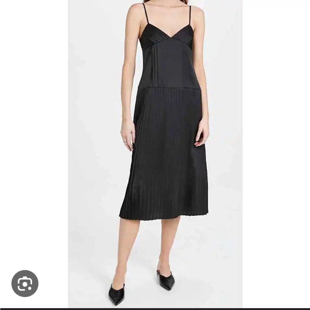 New Rebecca Taylor Black Sateen Slip Dress Pleated Midi Sleeveless